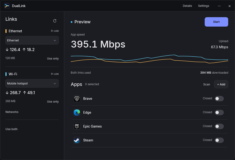DualLink's compact dashboard with supported apps and their installed icons. Traffic values are preview data.