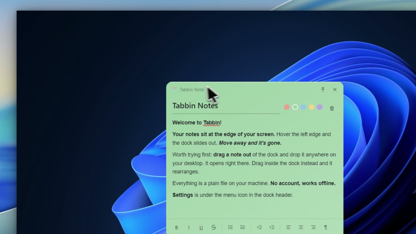 A Tabbin note window with the welcome note, five colour dots and a rich-text toolbar