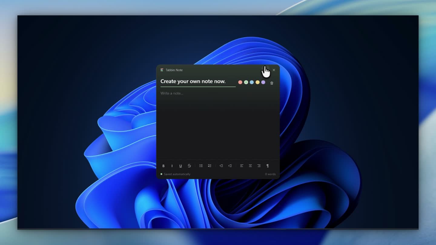 An empty Tabbin note window titled Create your own note now, with the caret blinking and the toolbar below