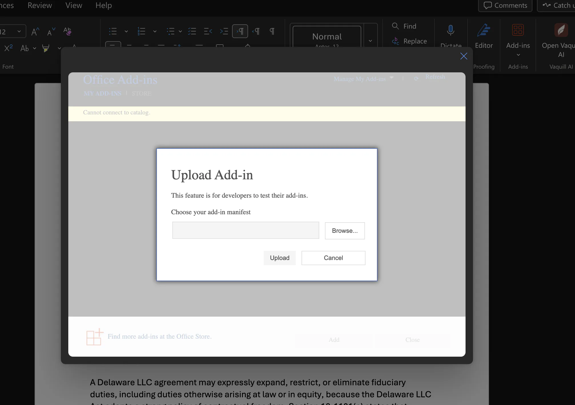 Upload add-in dialog