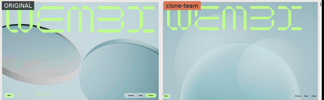 wembi.ai — original (left) vs clone-team build (right), scroll-synced side by side