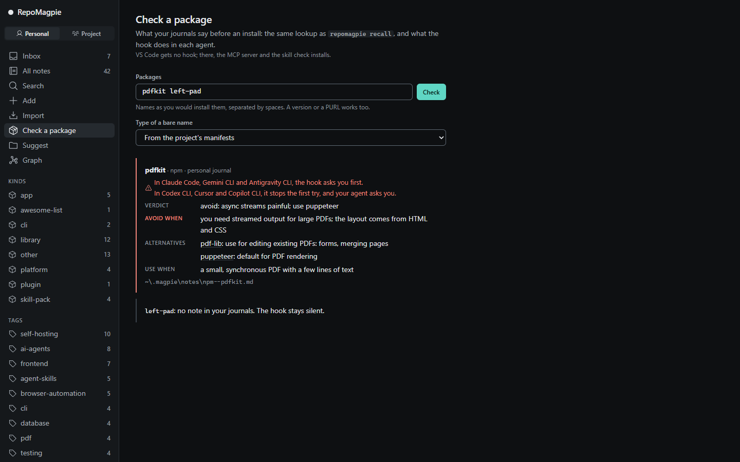 Check a package in repomagpie ui: pdfkit's avoid note says the hook asks first or stops the first try, depending on the agent; left-pad has no note, so the hook stays silent
