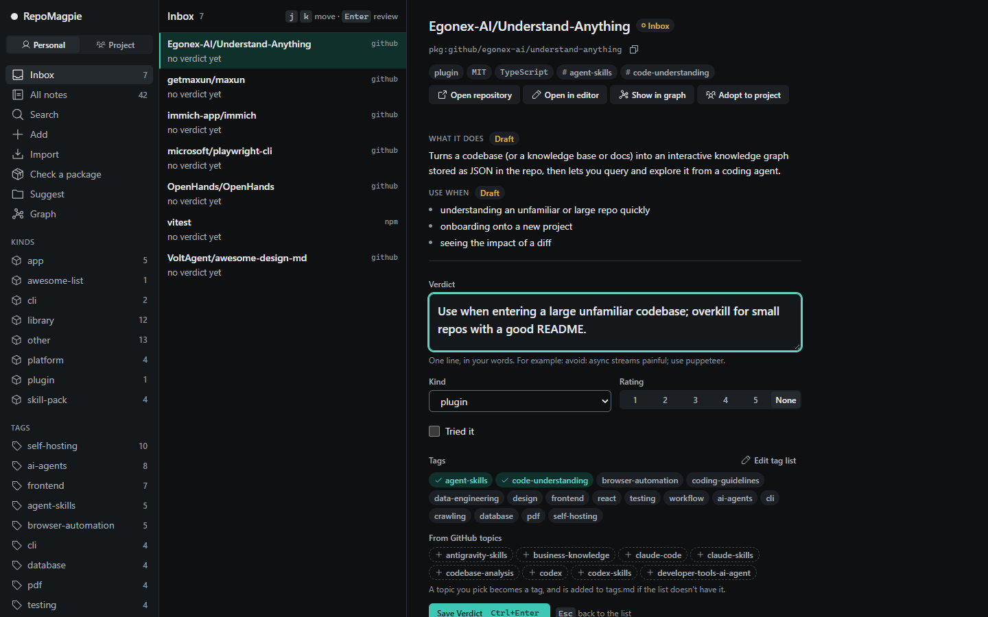 The inbox review in repomagpie ui: a GitHub repository's description and Use when drafts above the Verdict being typed, with tags to pick below