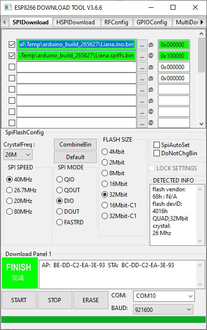 Настройки Flash download tools для NodeMCU