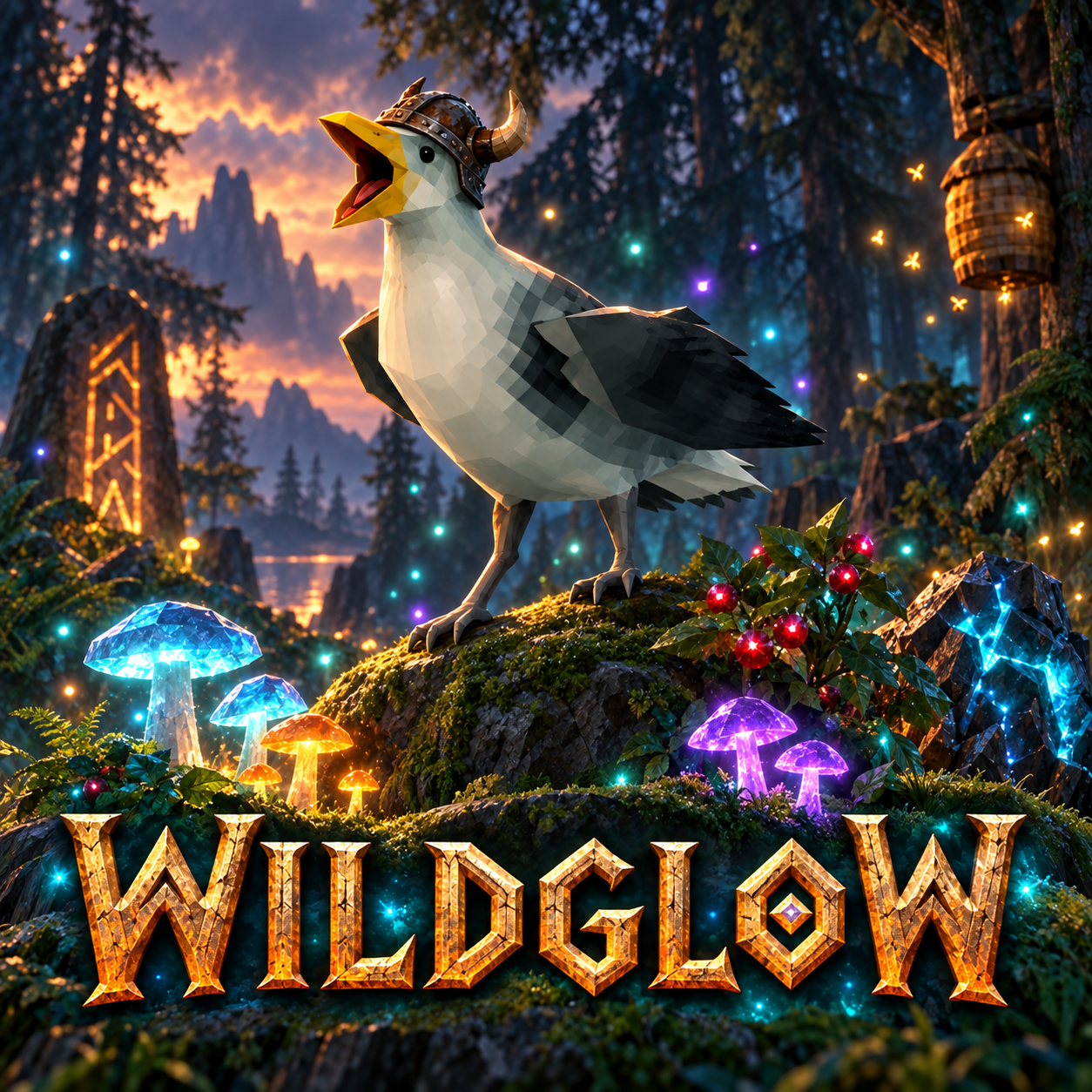 Viking gull among glowing woodland plants