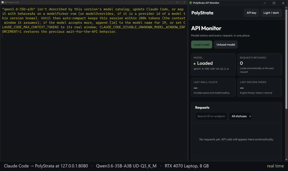 Claude Code in a terminal beside PolyStrata's API Monitor