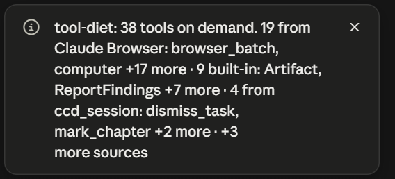 The /tool-diet toast: 38 tools on demand, grouped by source