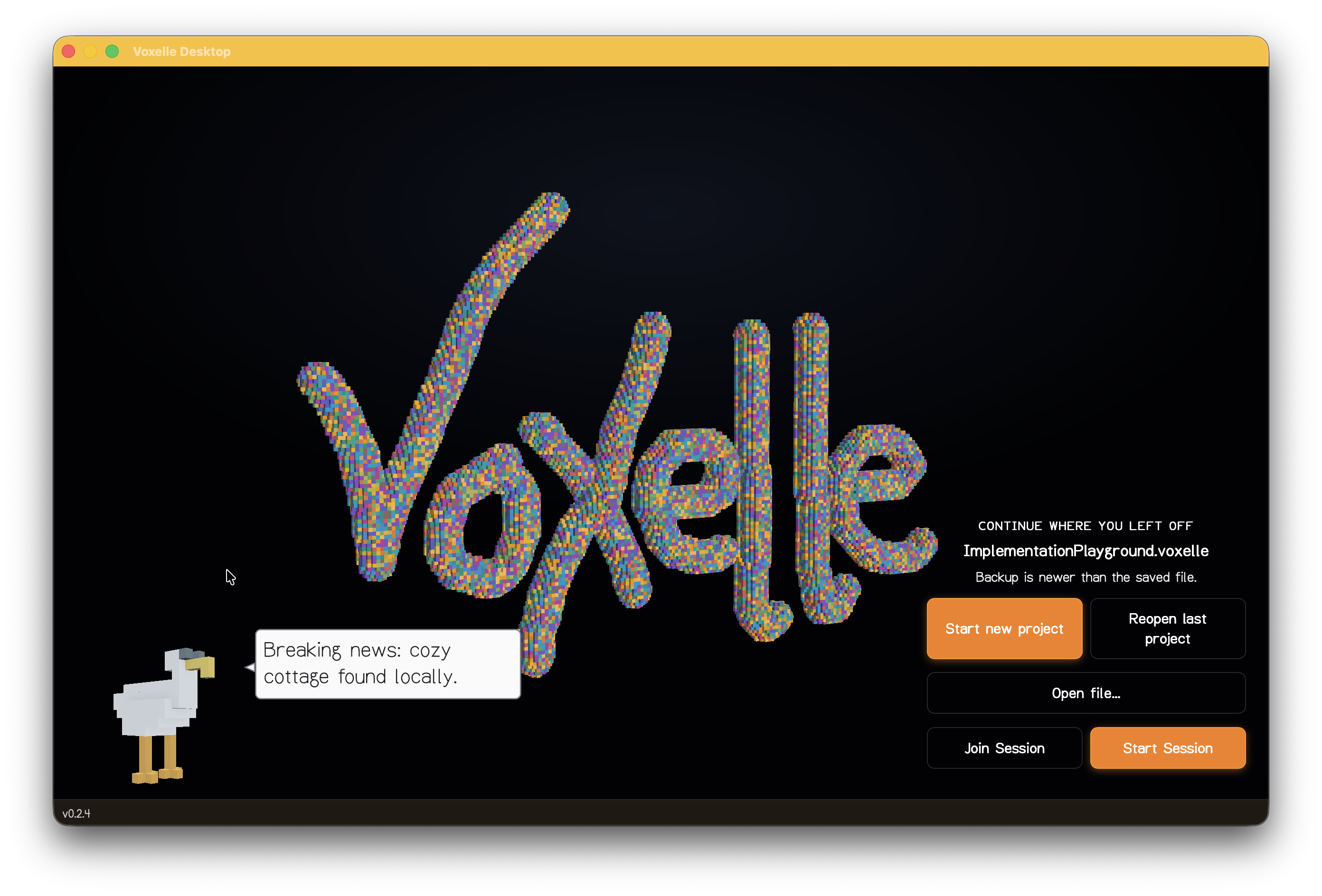 Voxelle Desktop start screen