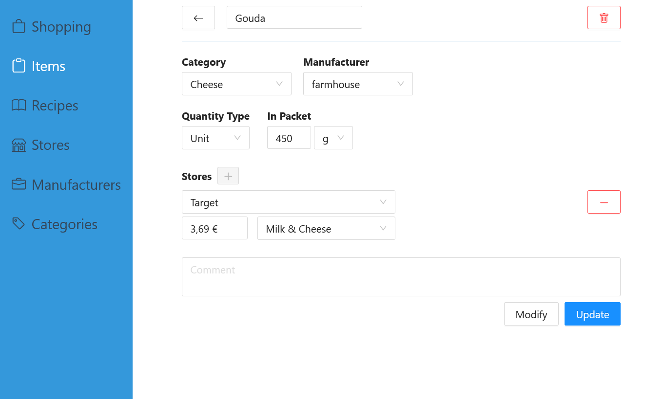 Editor where you can define an item's name, category, manufacturer and availability