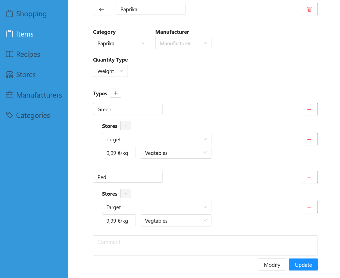 Editor where you can define an item's name, category, manufacturer and types. You can again define the availabilities per type