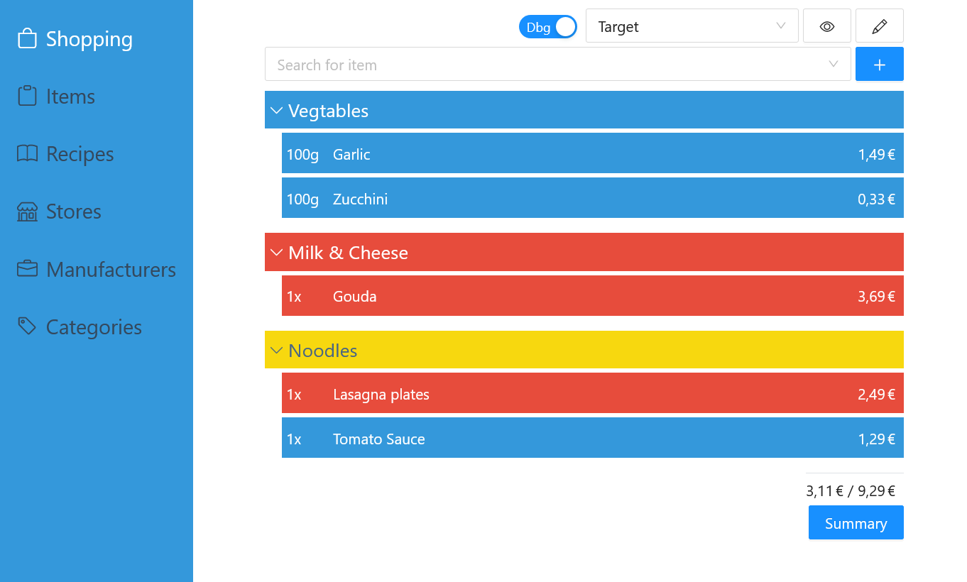 Shopping list with items in basket and items not in basket