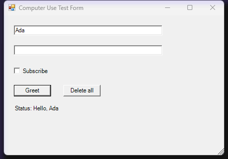 VLS's own cursor typing into a field and clicking a button in a test window, labelled Typing and Clicking