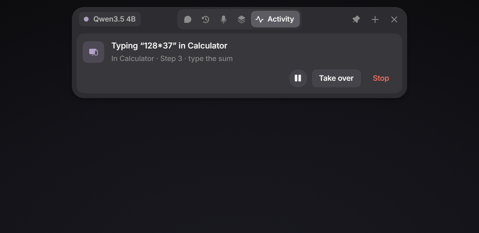 The island's Activity section during a computer-use step in Calculator