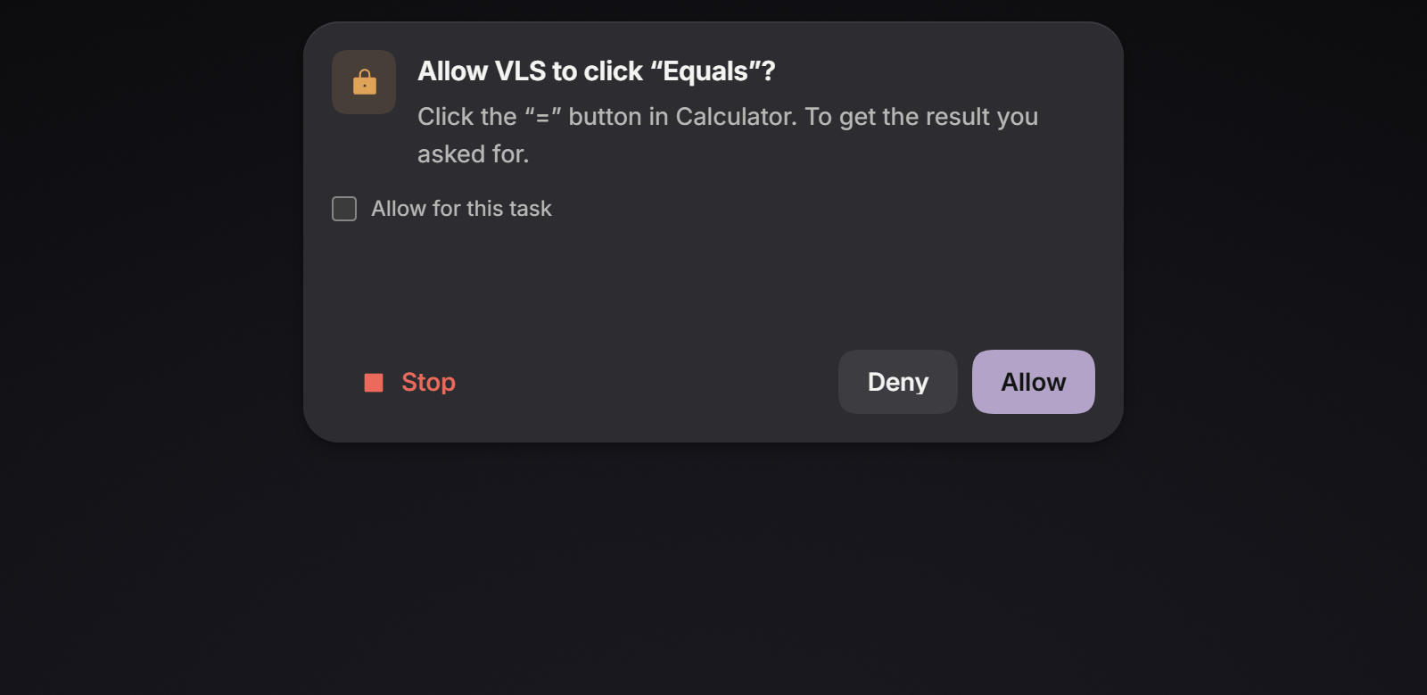 An approval card asking to allow VLS to click Equals in Calculator