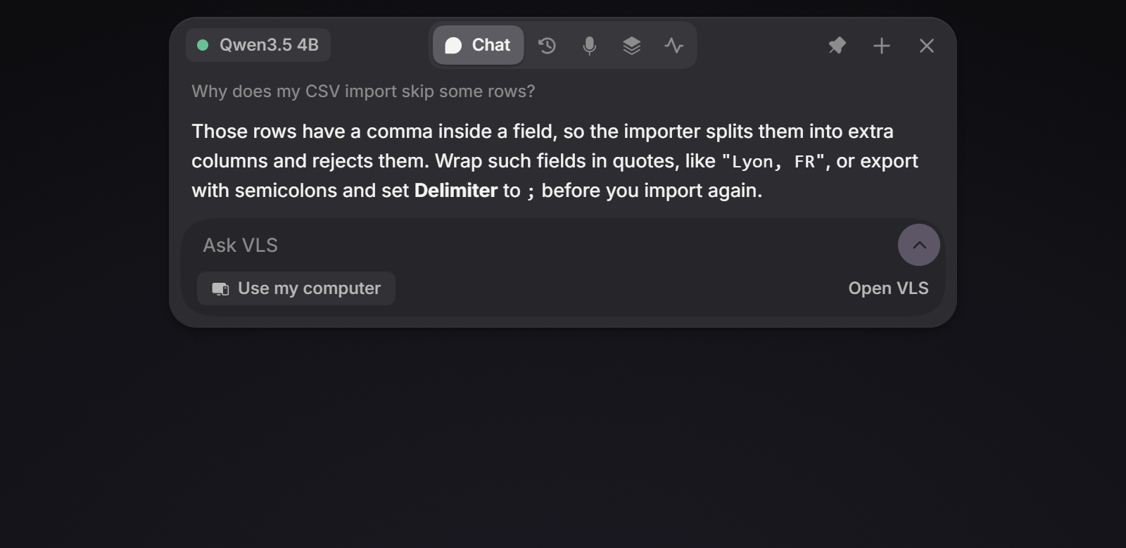 The island's Chat section with a question and a short answer
