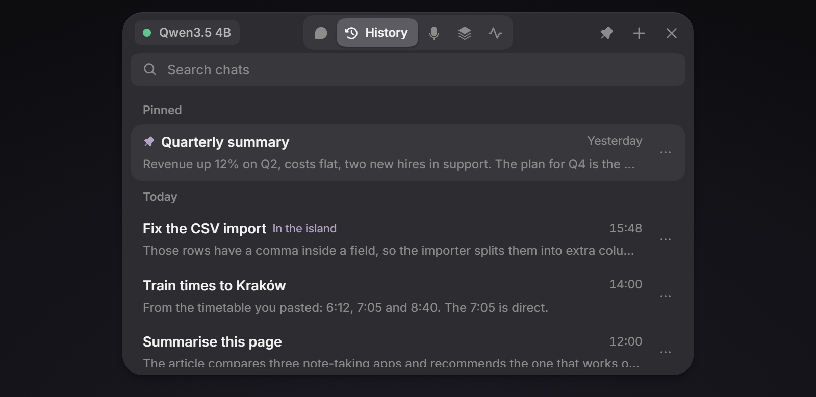 The island's History section with pinned and recent chats
