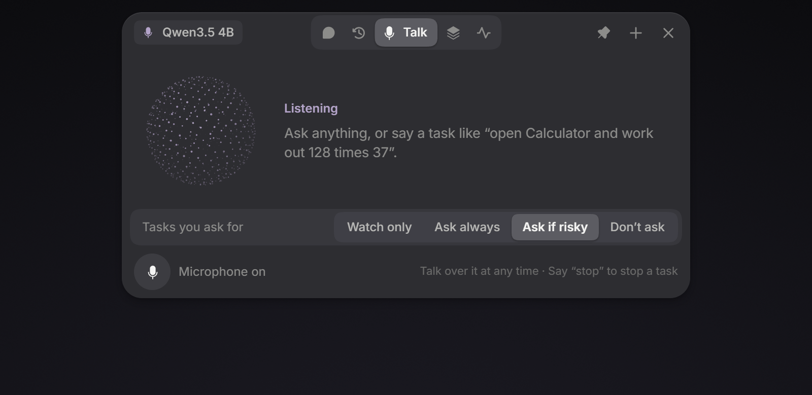 The island's Talk section listening, with the permission level for tasks