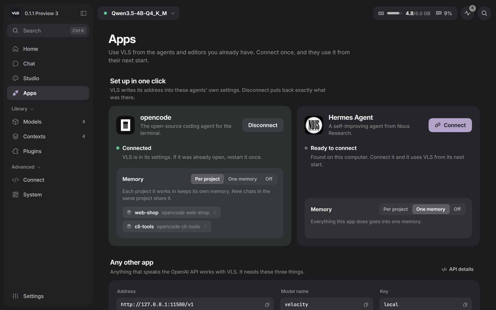 Apps: opencode connected with memory per project, Hermes Agent ready to connect