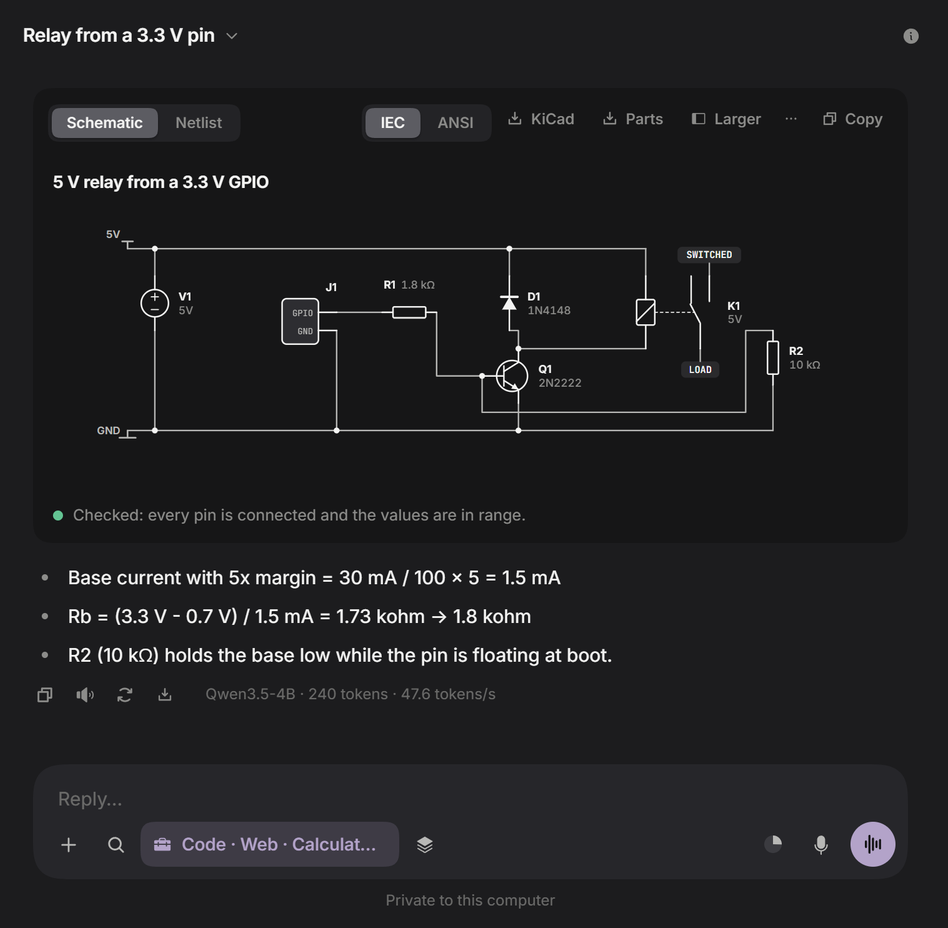 A schematic of an NPN transistor driving a 5 V relay from a 3.3 V GPIO, with a flyback diode