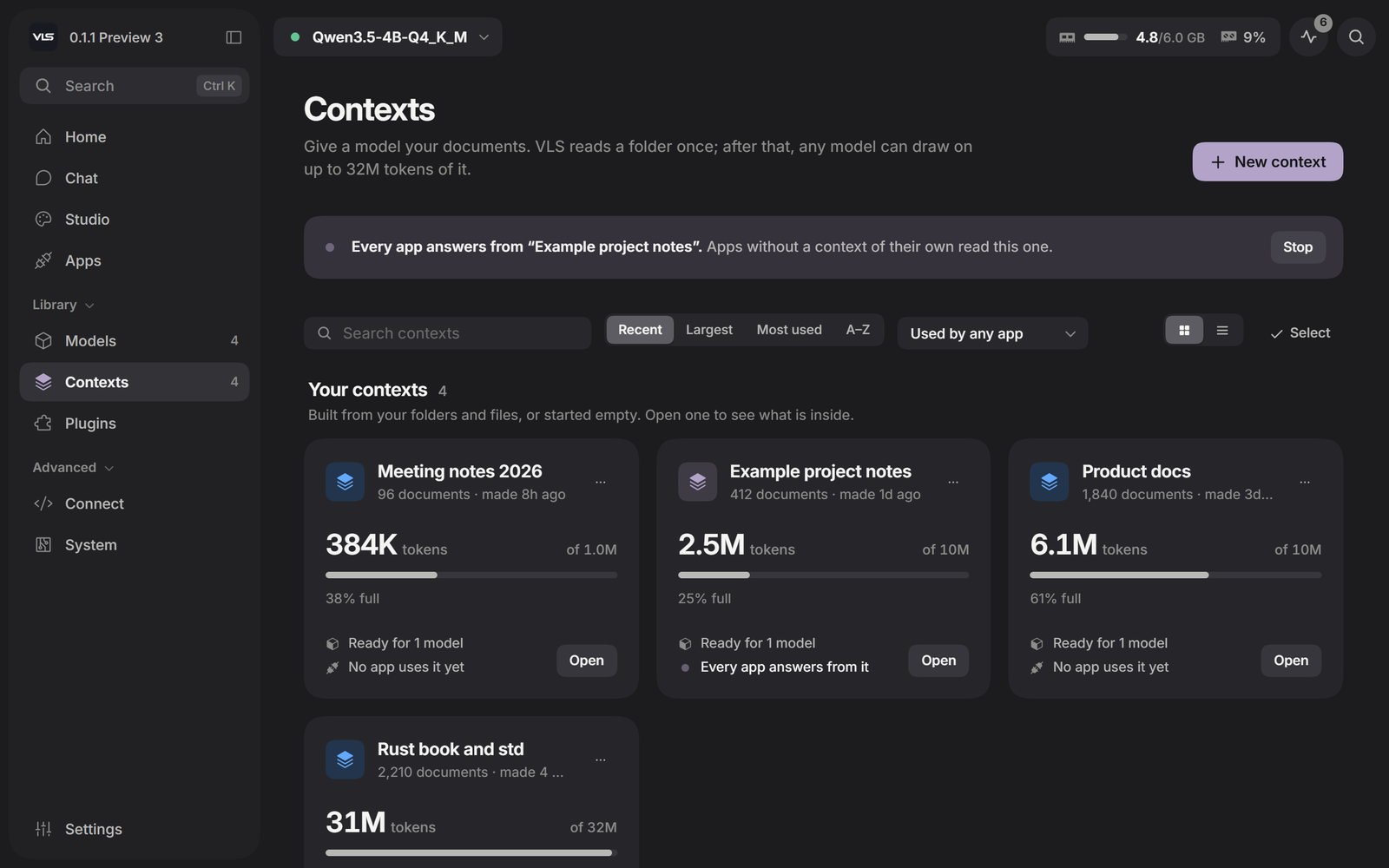 Contexts: four memories with their size in tokens, how full each is, and which apps use them