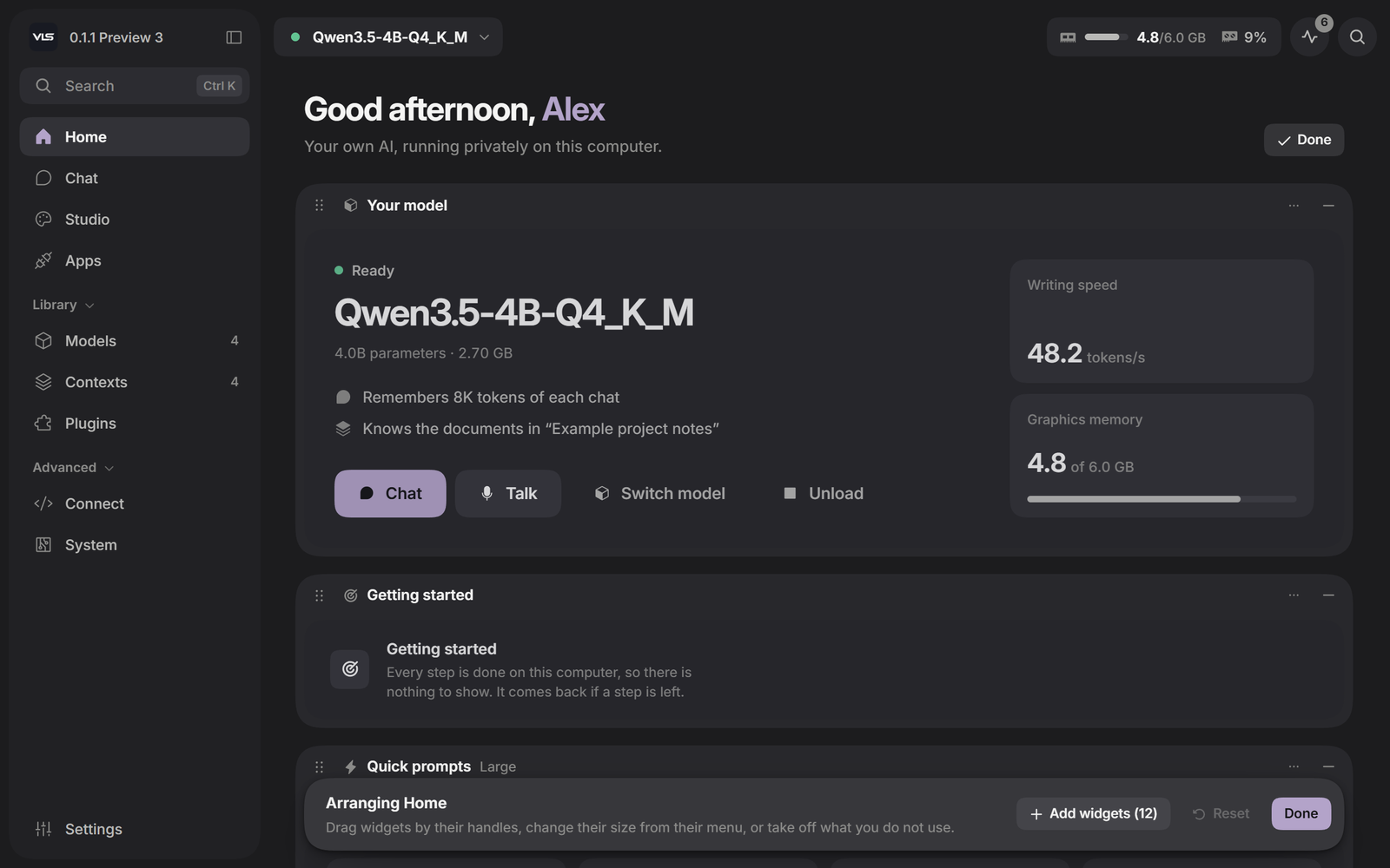 Home in edit mode: widgets with handles, Add widgets, Reset and Done