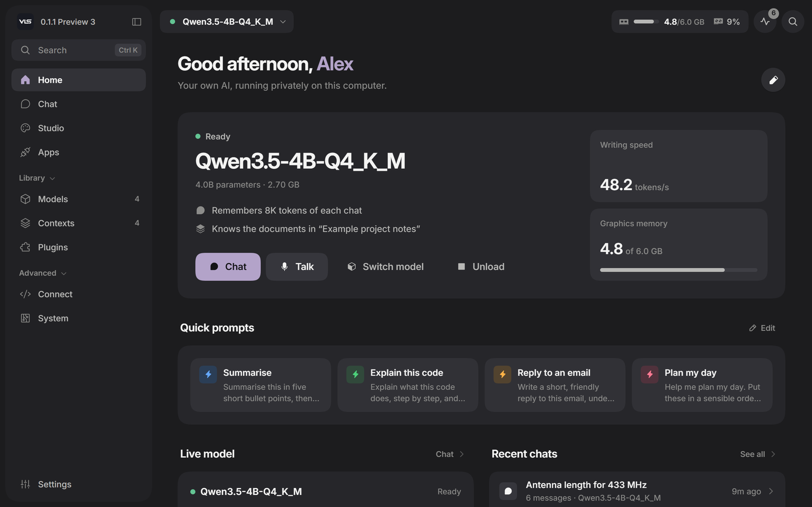 VLS Home: the loaded model, its writing speed and graphics memory, quick prompts and recent chats
