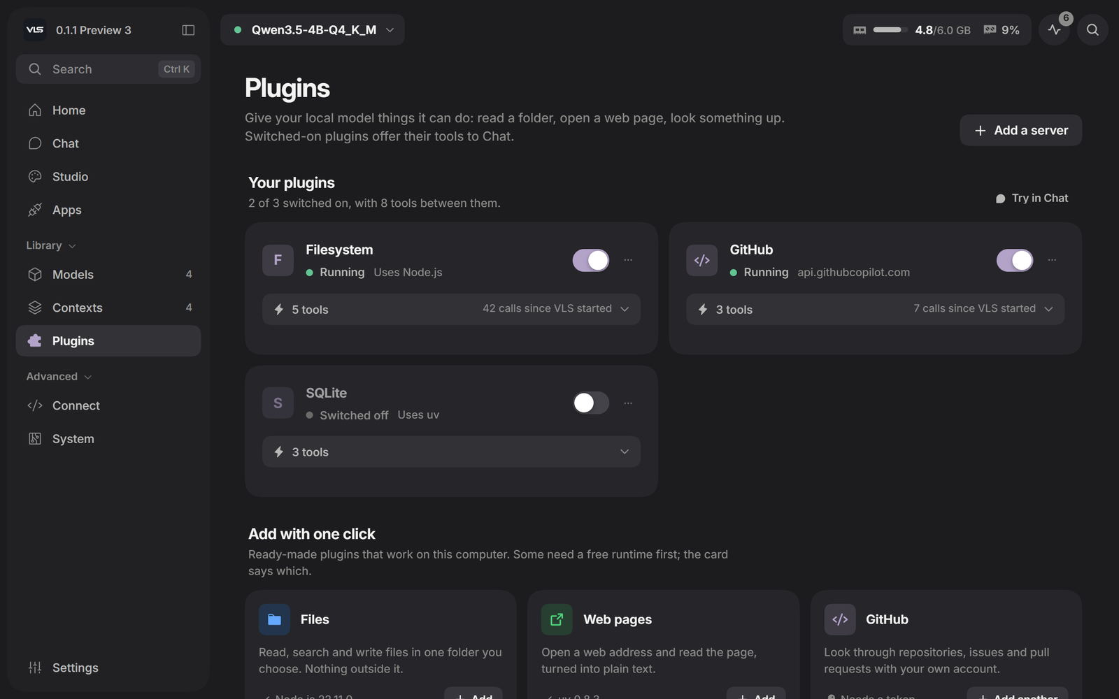 Plugins: Filesystem and GitHub running, SQLite switched off, and one-click presets