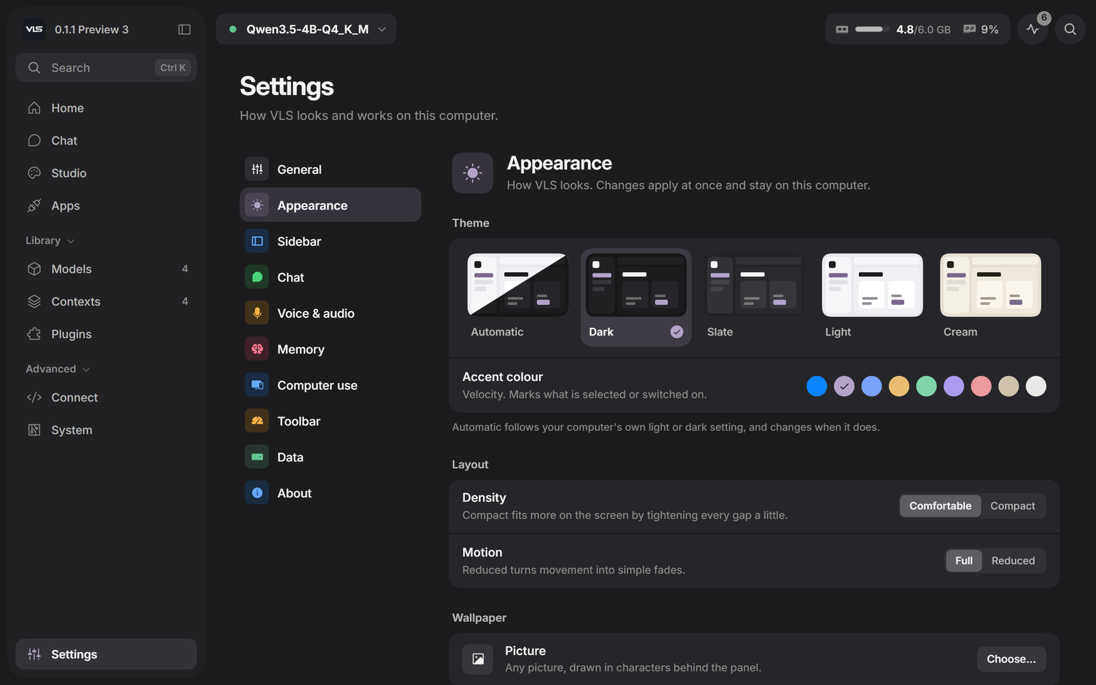 Settings, Appearance: themes and accents
