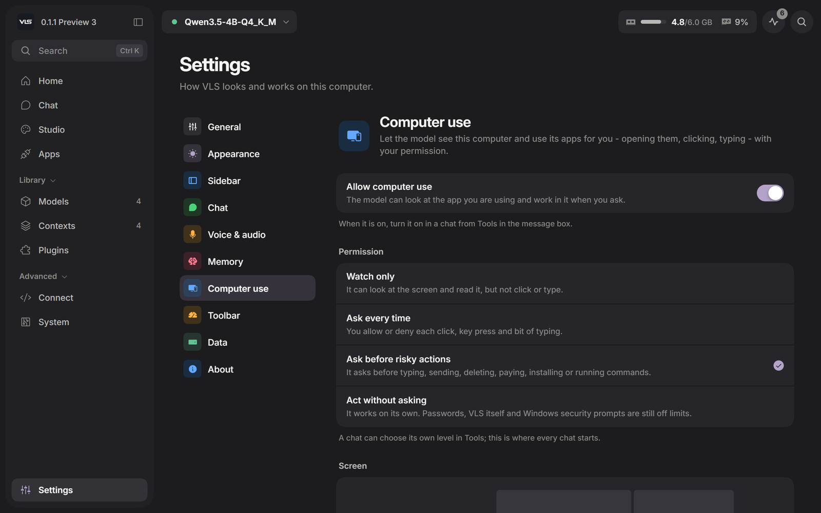 Settings, Computer use: allow computer use and the four permission levels