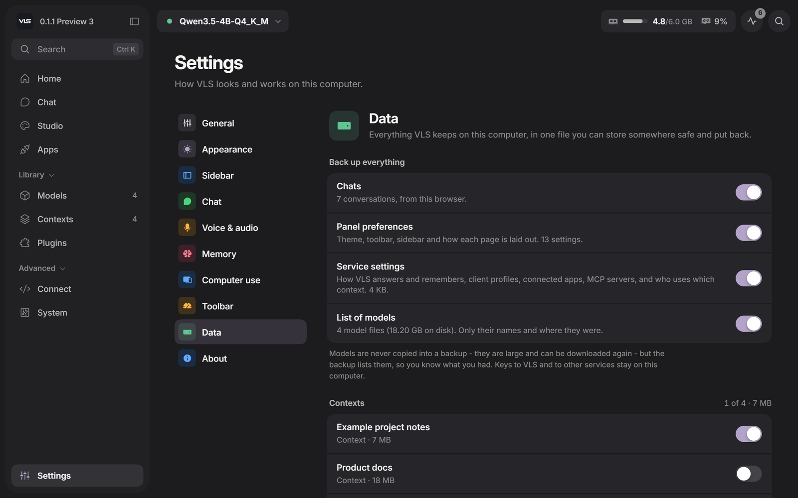 Settings, Data: back up chats, preferences, service settings and contexts