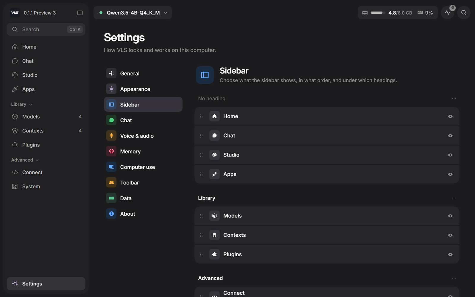 Settings, Sidebar: which pages the sidebar shows and in what order