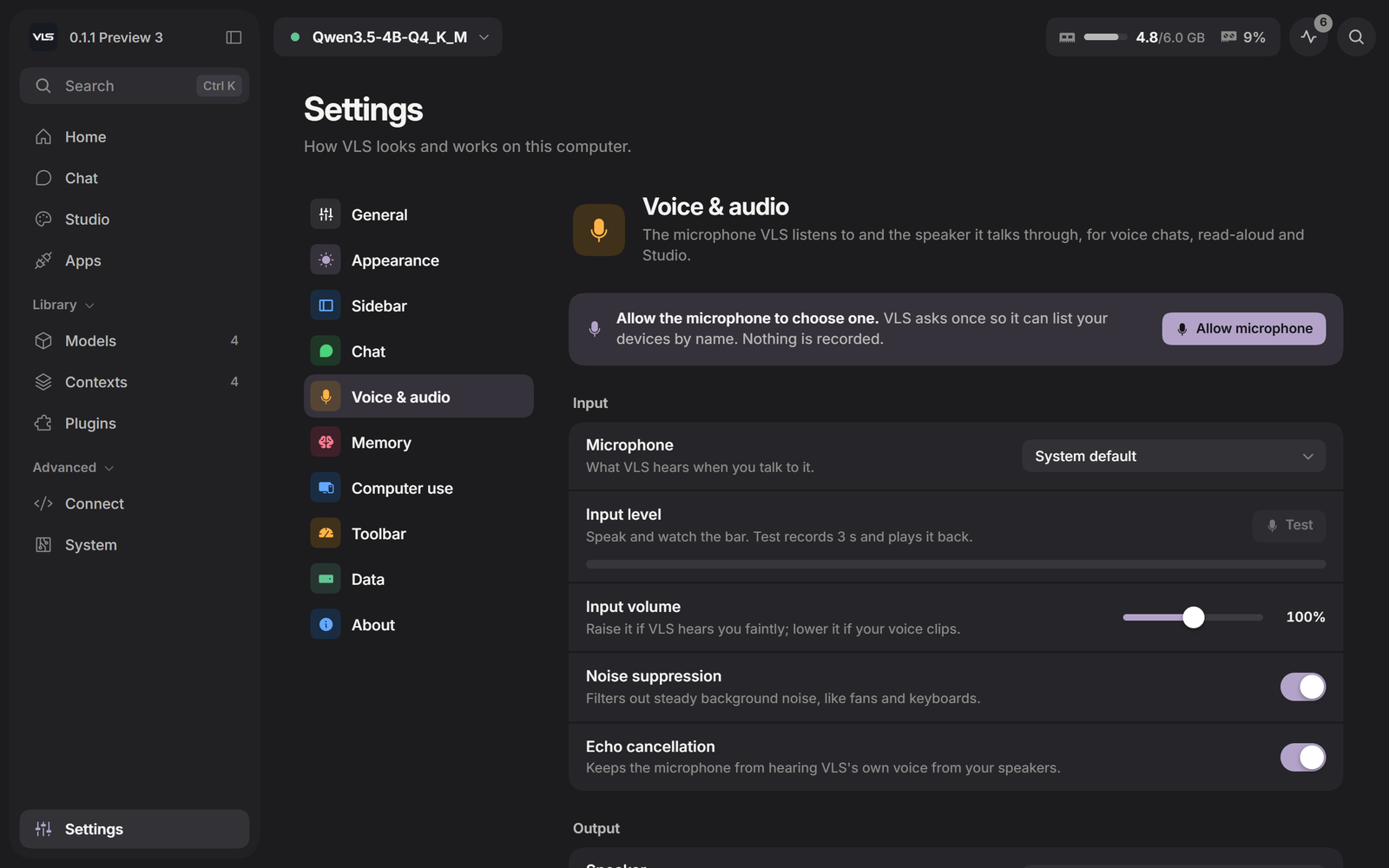 Settings, Voice and audio: microphone, input level, noise suppression and echo cancellation