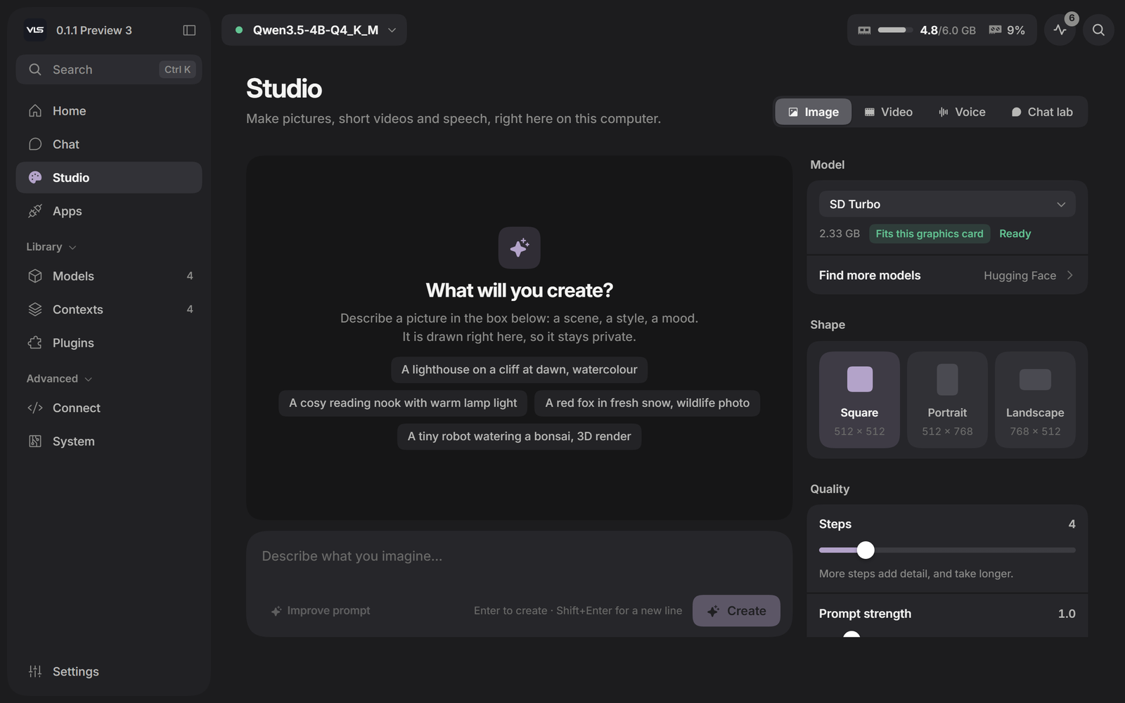 Studio: image mode with a prompt box, model choice, shape and quality controls