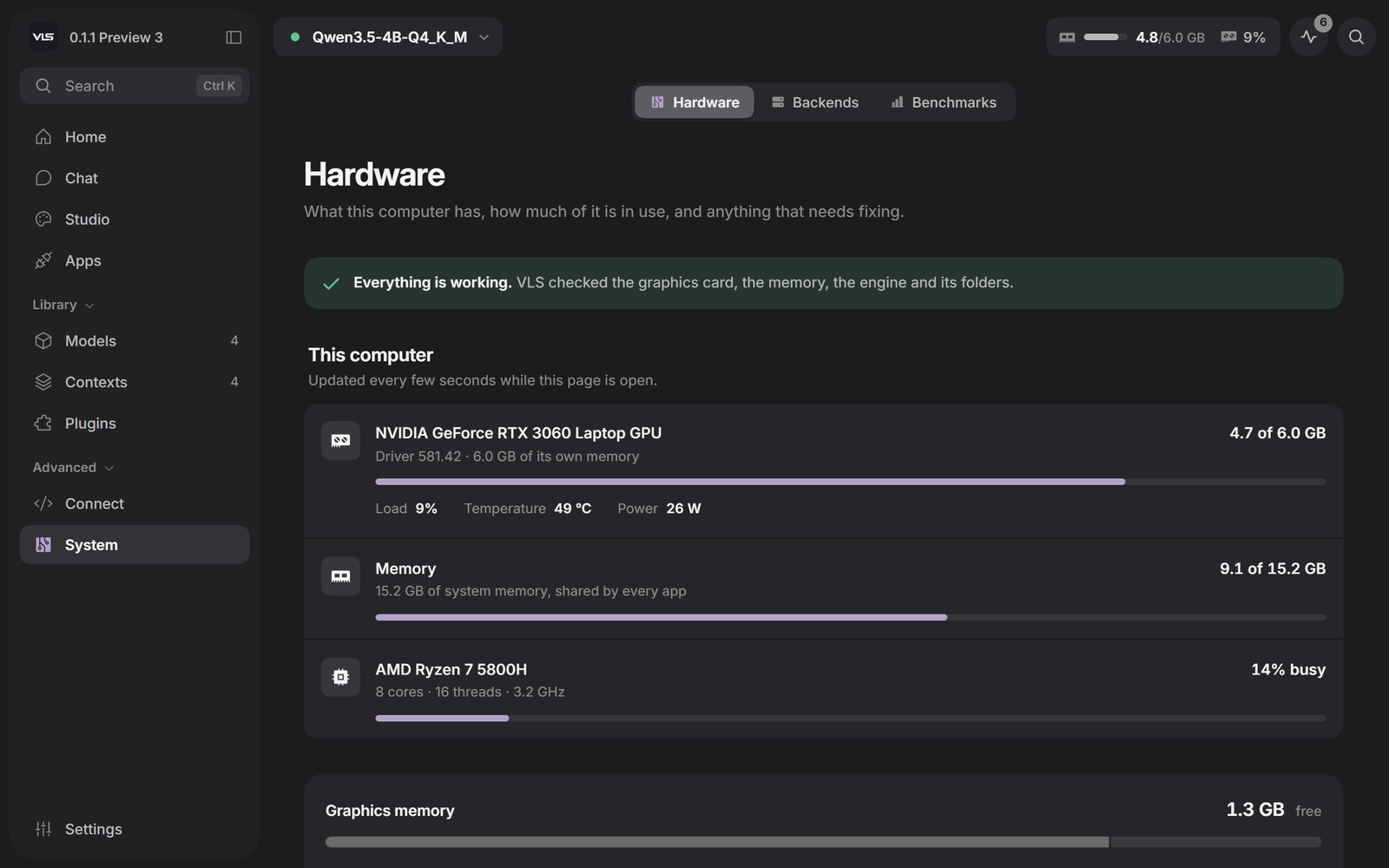 System: the graphics card, memory and processor, live