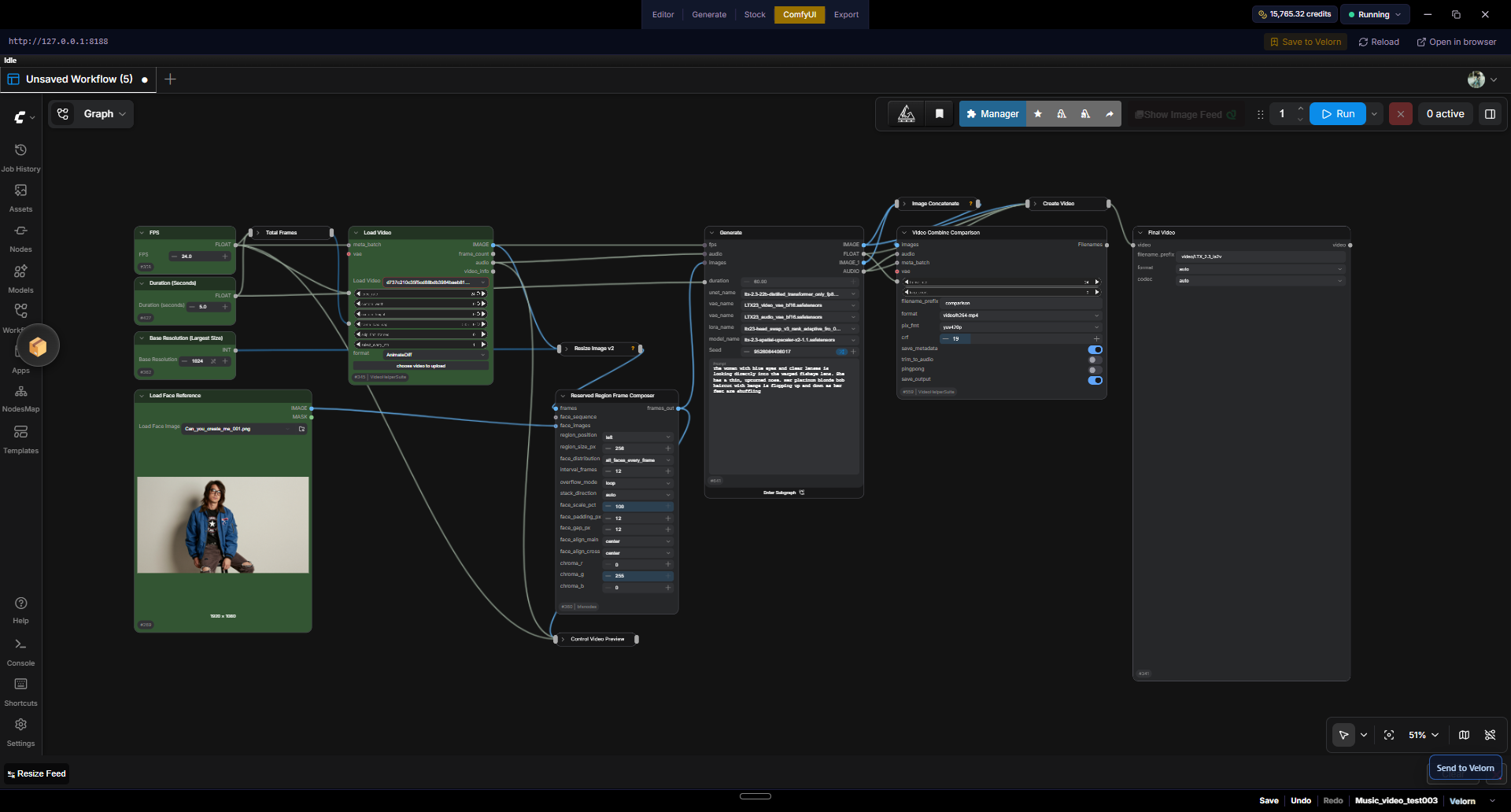 Embedded ComfyUI graph with Velorn endpoint nodes and Send to Velorn button