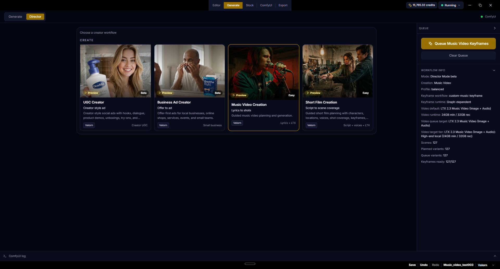 Velorn Create workspace with UGC, business ad, music video, and short film creators