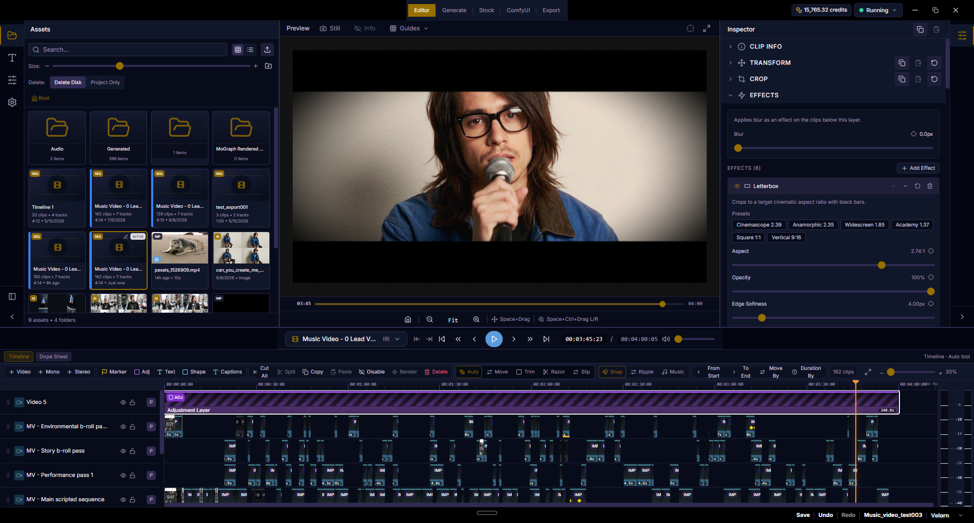 Velorn editor with generated assets, preview, timeline tracks, and inspector
