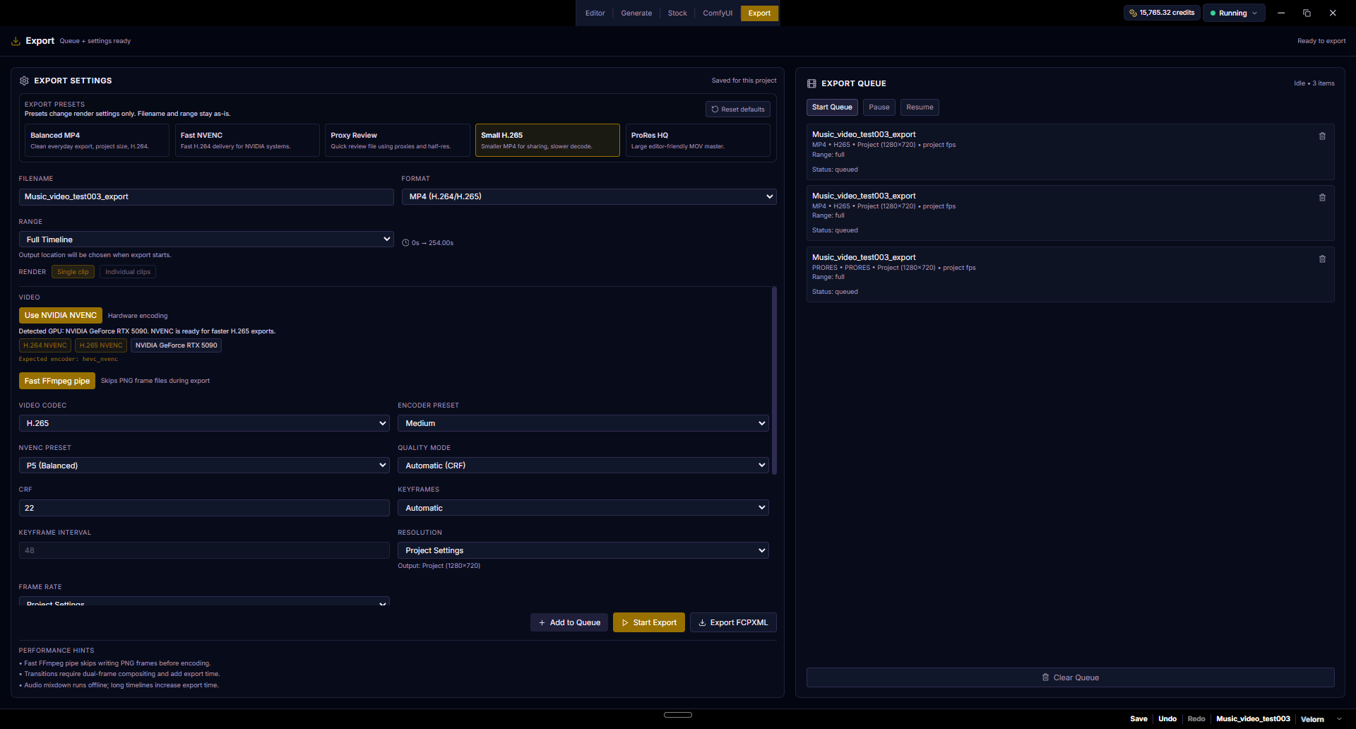 Velorn export settings with presets, codec controls, and export queue