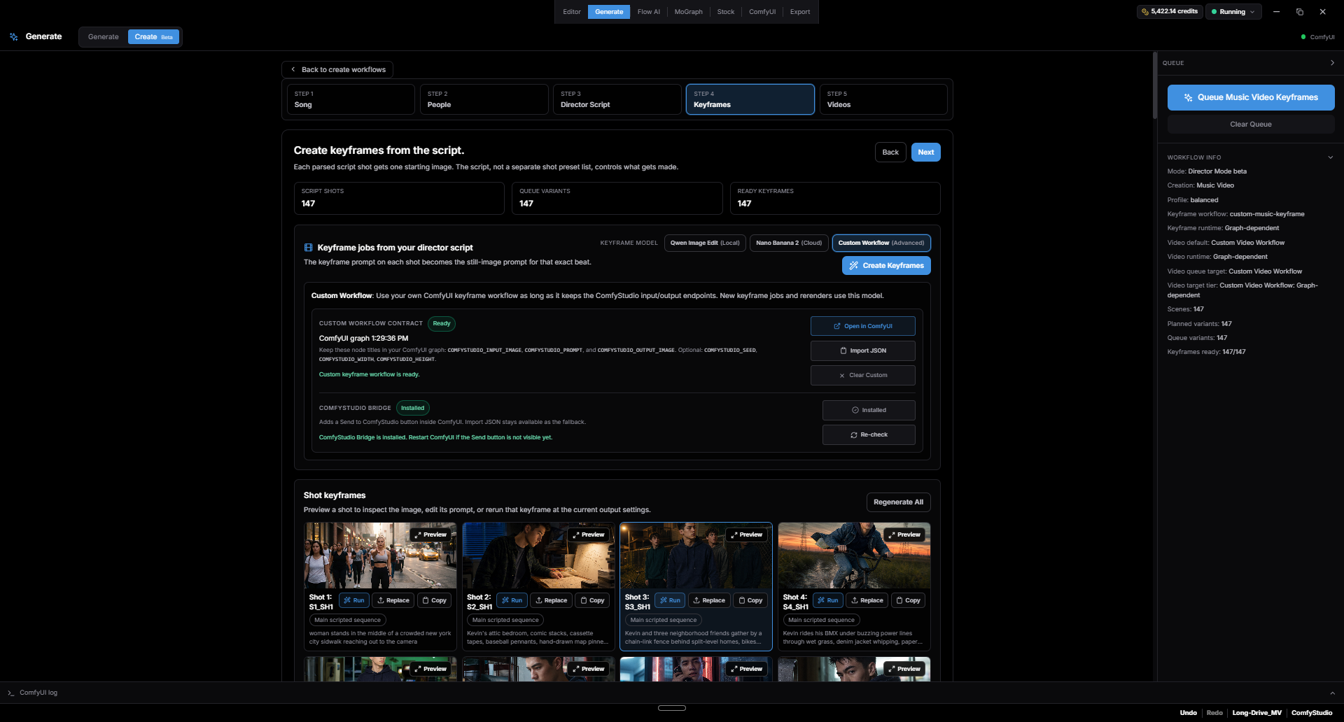 Music Video Creator keyframe step with custom ComfyUI workflow controls and generated keyframes