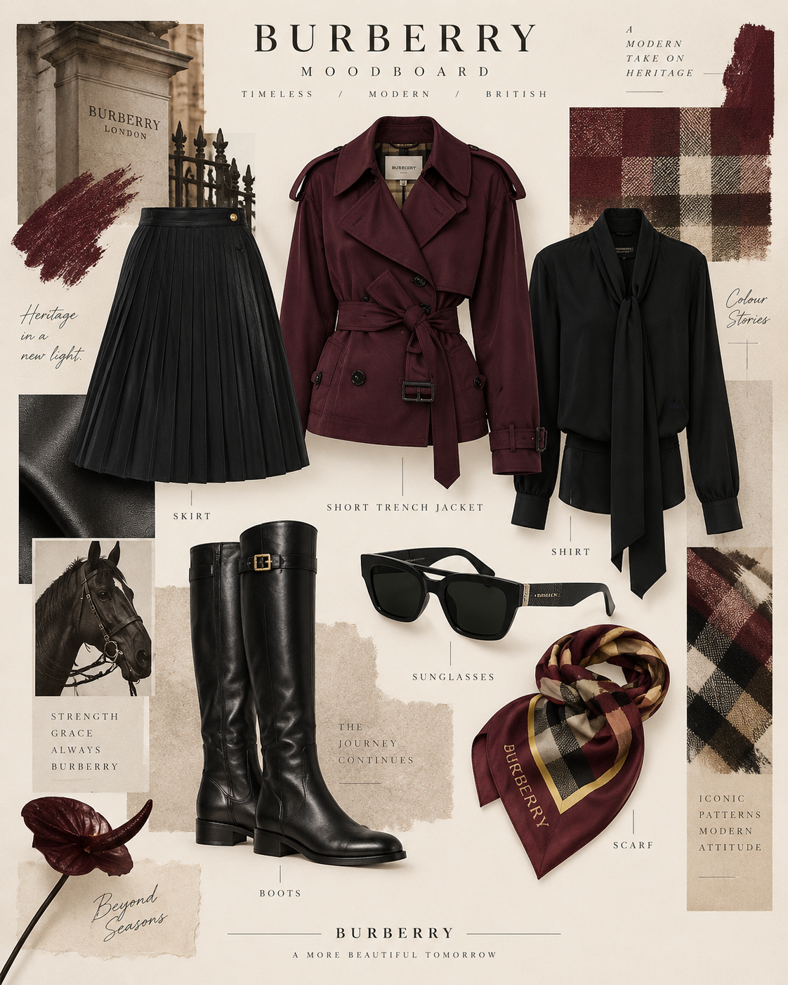 Burgundy trench jacket, skirt and accessories collage