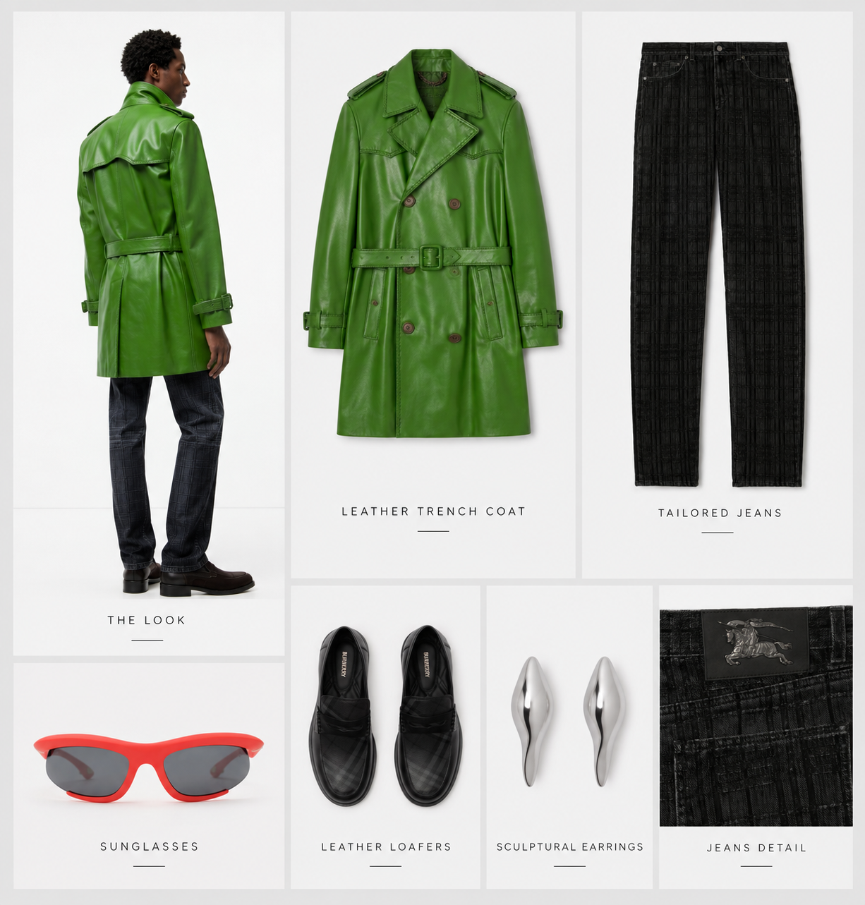 Green trench outfit collage with garments and accessories