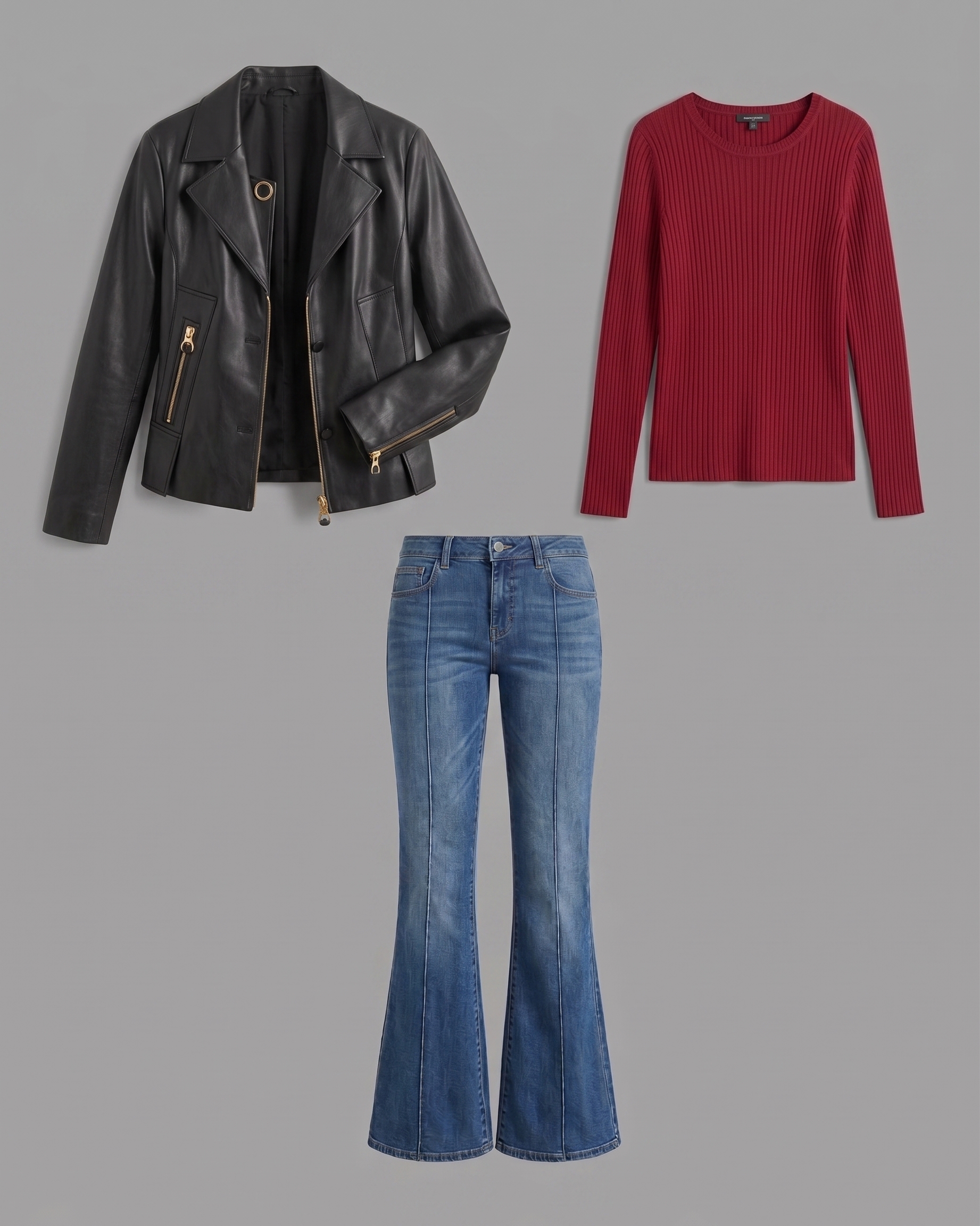 Leather jacket, burgundy top and jeans collage