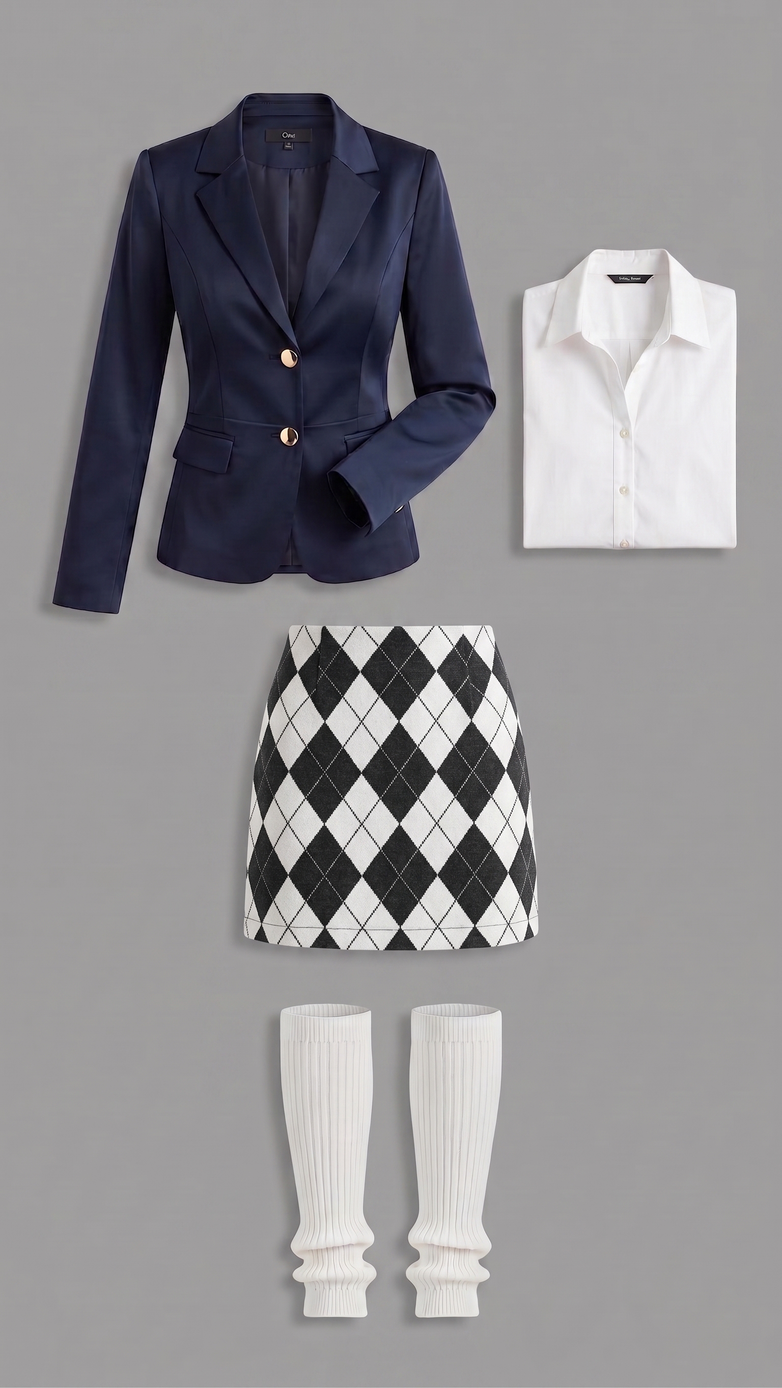 Navy blazer, white shirt, argyle skirt and leg warmers collage