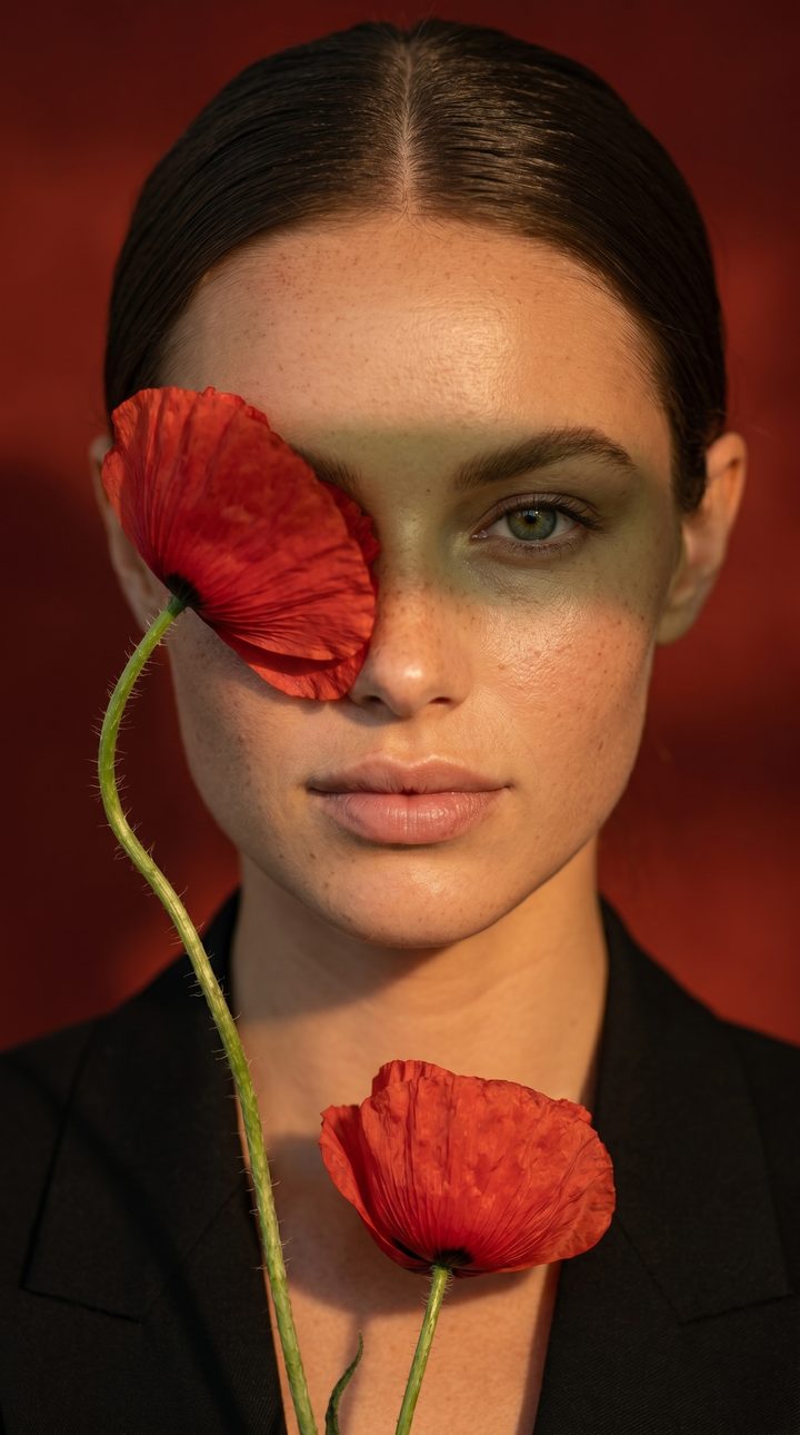Beauty Editorial mit roten Mohnblumen vor roter Wand