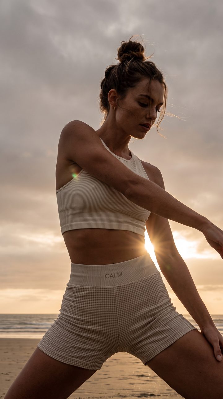 Yoga im Sonnenuntergang am Strand im CALM Sportset