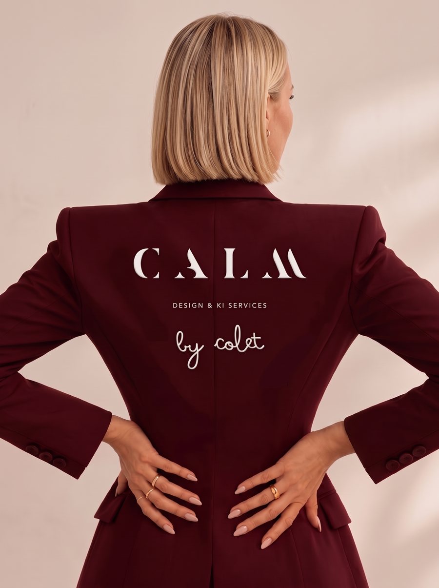 Colet von hinten im Bordeaux Blazer mit dem CALM Design & KI Services Logo