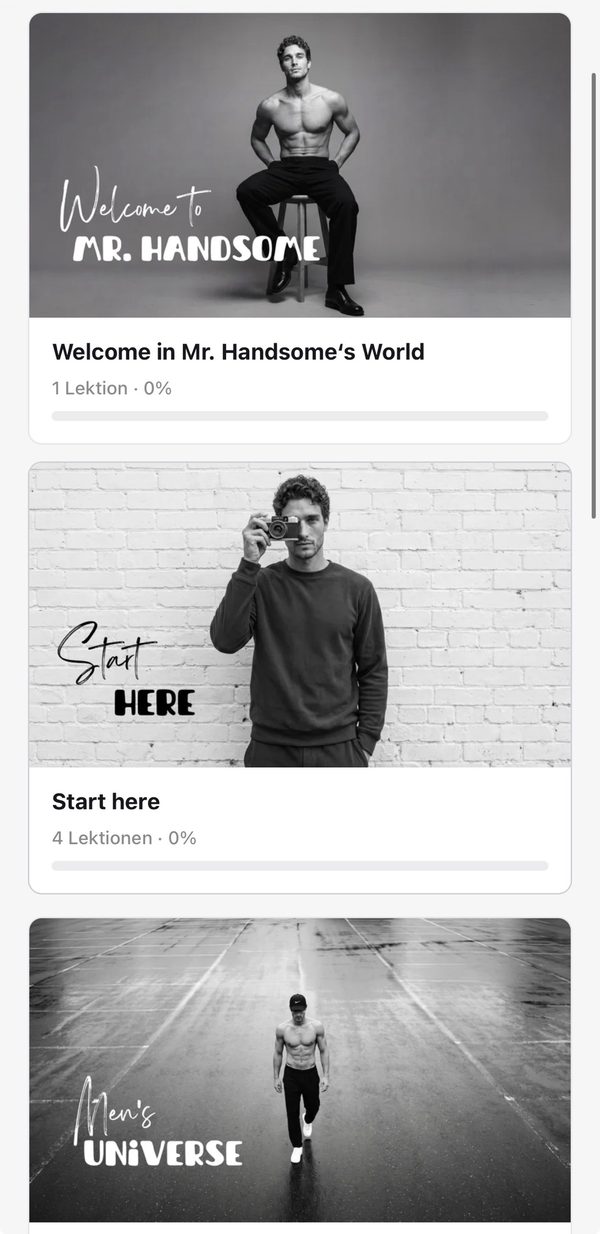 Kursbereich mit Modulen Welcome, Start here und Men's Universe
