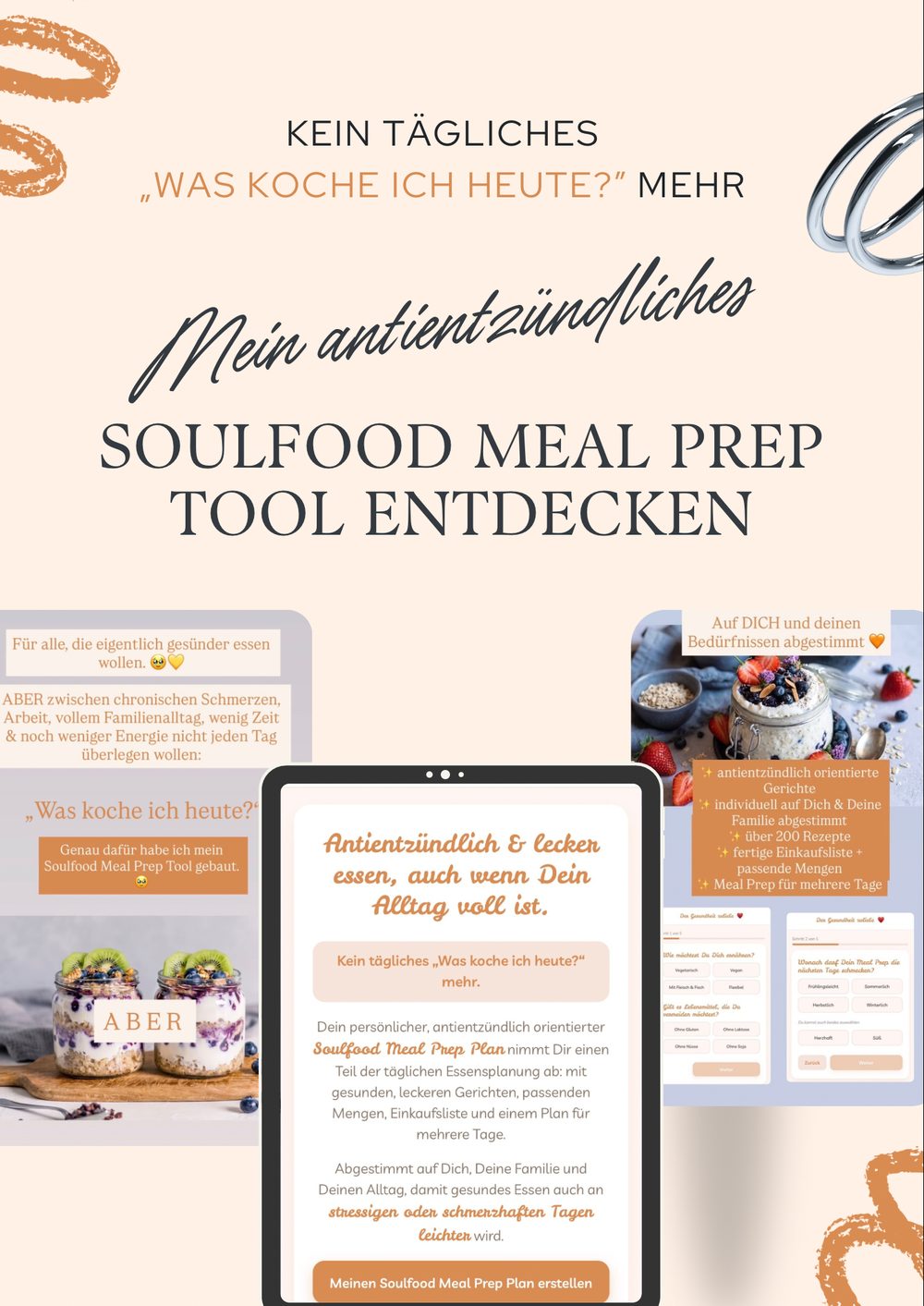 Soulfood Meal Prep Tool: Startseite, Fragen Schritt für Schritt und Überblick der Funktionen