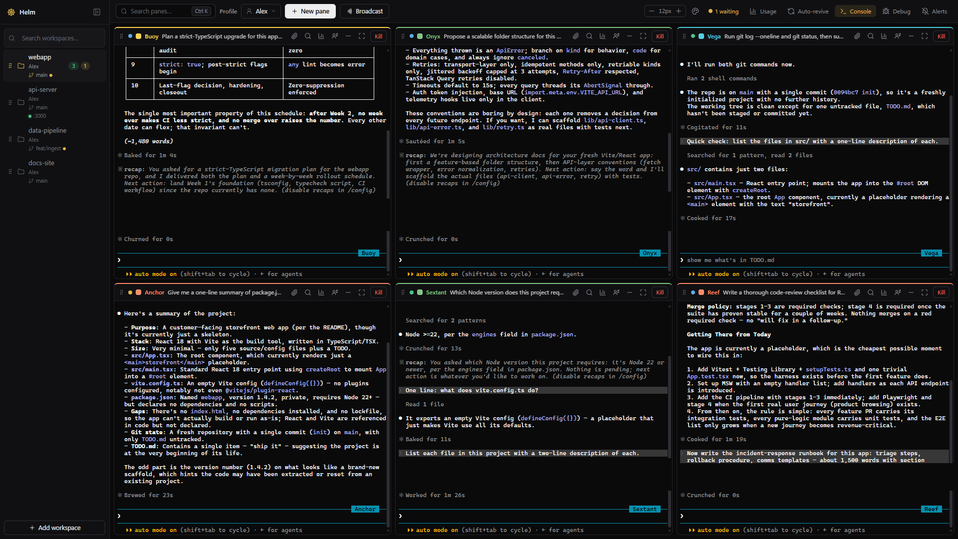 Helm running six Claude Code sessions in a grid, with status badges and a workspace sidebar