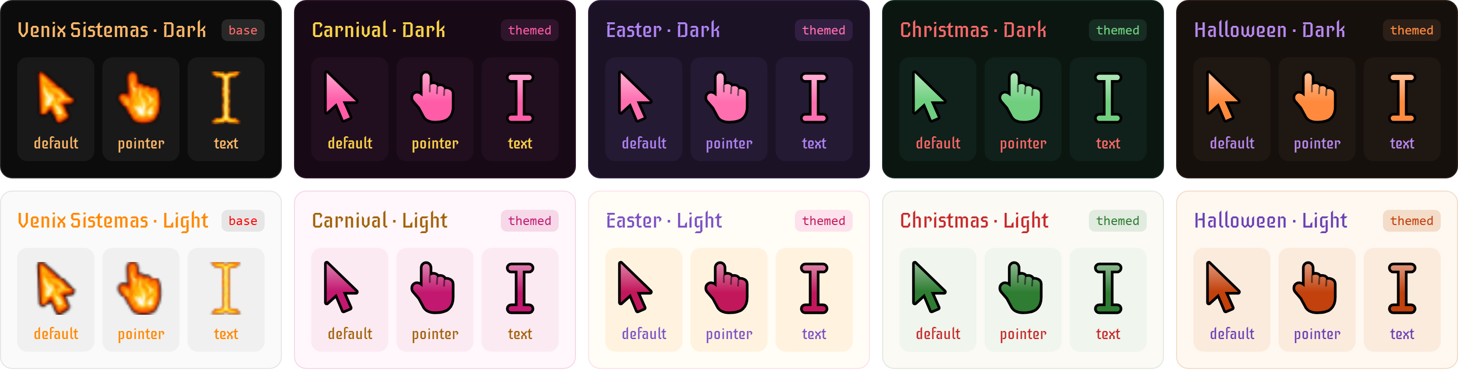 The cursors of each built-in theme, dark and light: Venix on the fire images ('base'), Carnival, Easter, Christmas and Halloween drawn in their own color ('themed')